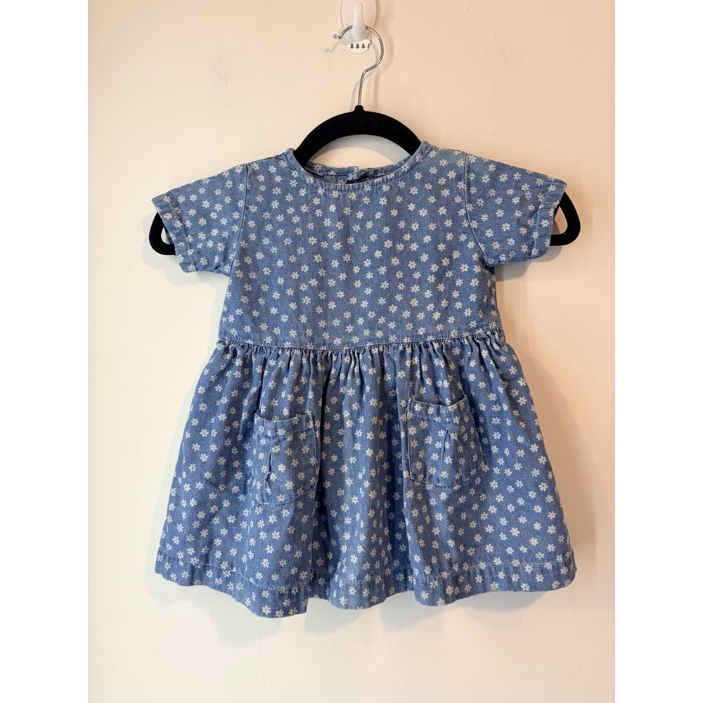 Vintage Denim Short Sleeve Floral Dress Little Girls 3t Ruffle Pockets